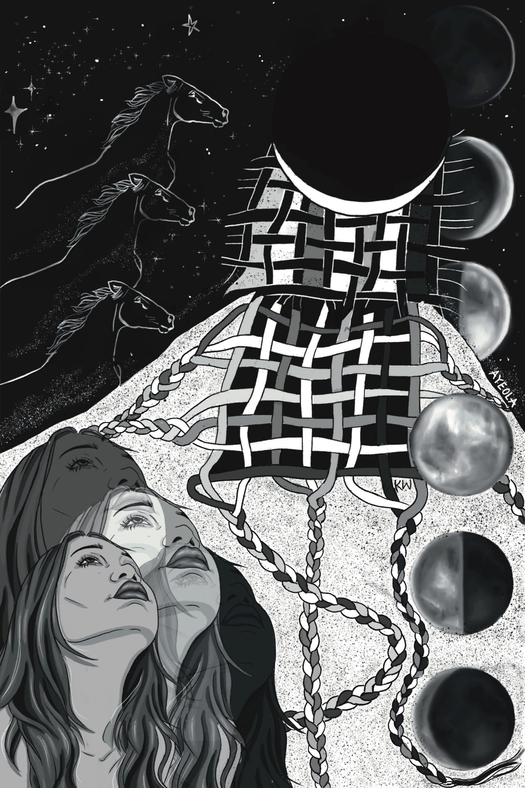 A black and white illustration of a woman, her face repeated three times, looking up at the starry night sky, which has a horse repeated three times, a weaving, and many moons.
