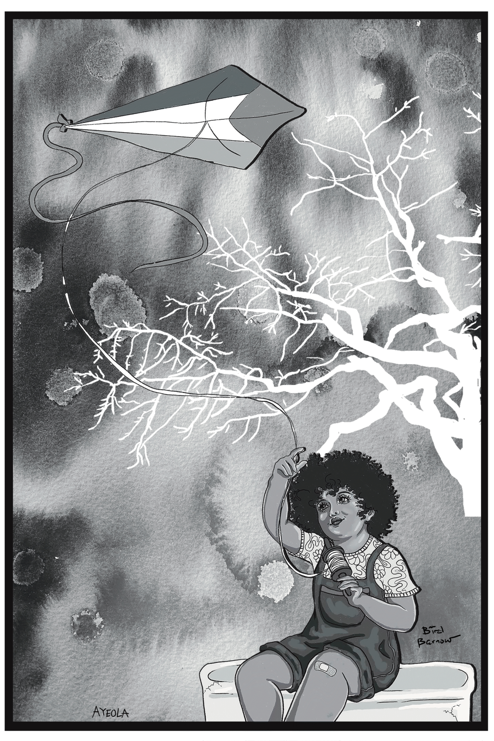 A black and white illustration of a child flies a kite on a watercolor background