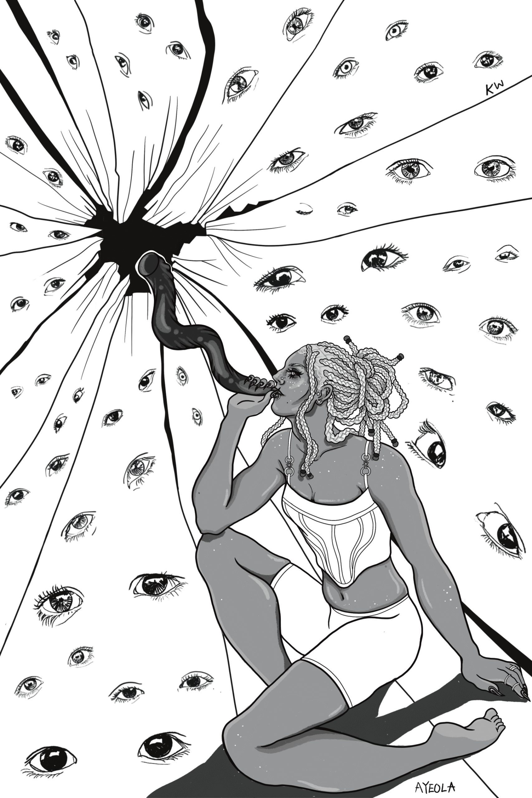 A black and white illustration of a person with braided locs, wearing a bustier and bike shorts, blows a shofar, which erupts through the surface of the page, which is covered in eyes.