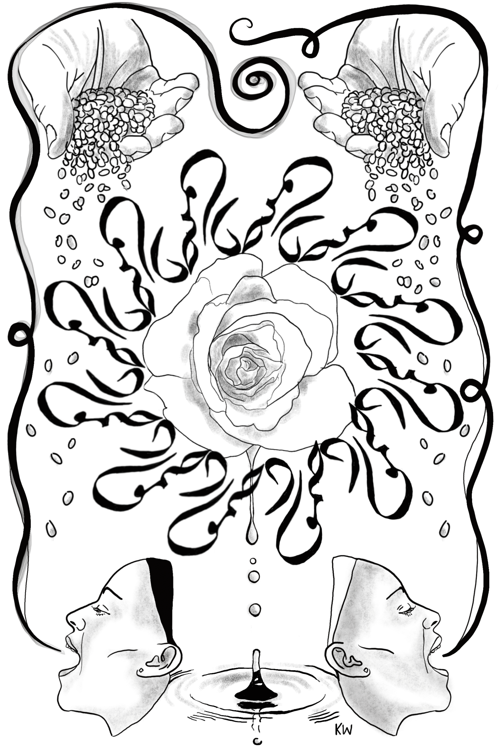 A symmetrical black and white illustration of a person singing, seeds pouring through hands, a rose, and water dripping into a pool.