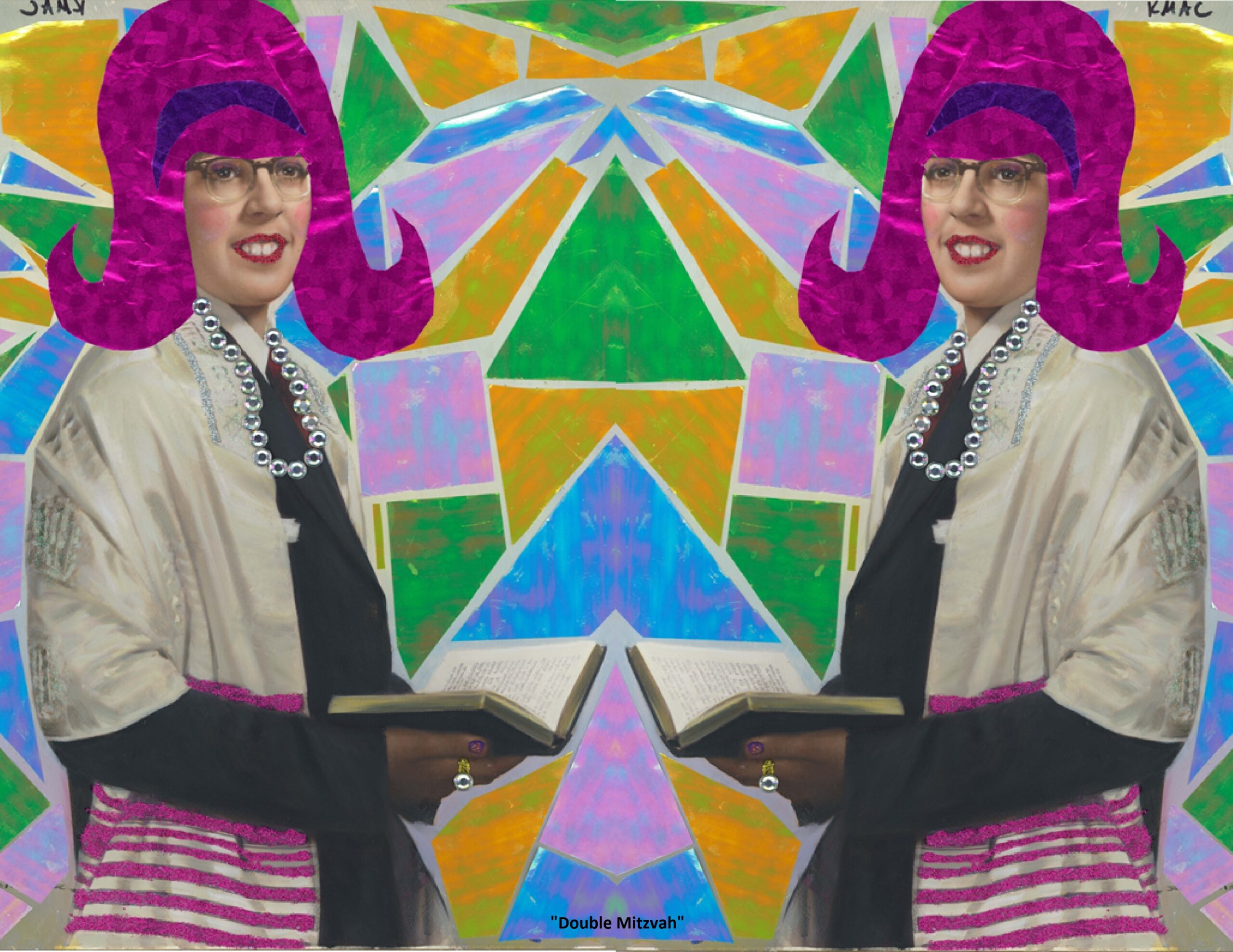A collage that is vertically mirrored around the center, made of iridescent geometic cut outs, a photo, possibly a vintage bar mitzvah photo, of a person wearing a tallit, pearls, and a cut out pink wig, and holding a prayer book.