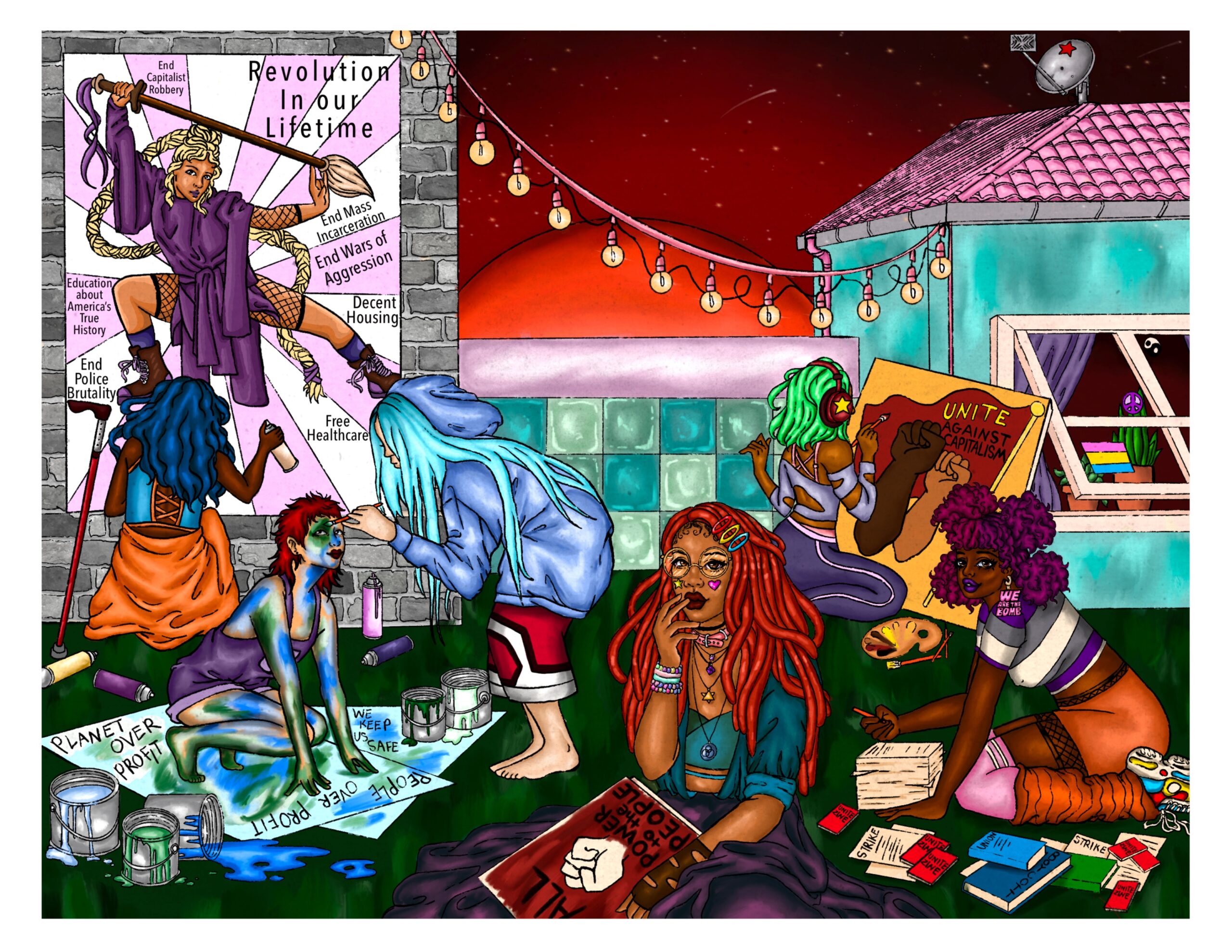 A colorful illustration showing six femme artists are working on different agitprop projects in a sci fi utopia