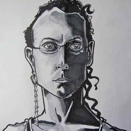 A grayscale drawing of Rosza wearing glasses and a long dangly earing